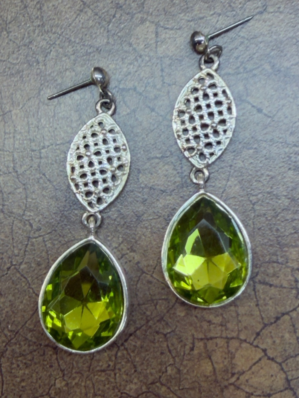 Green Teardrop Dangle Earrings - Silver Tone